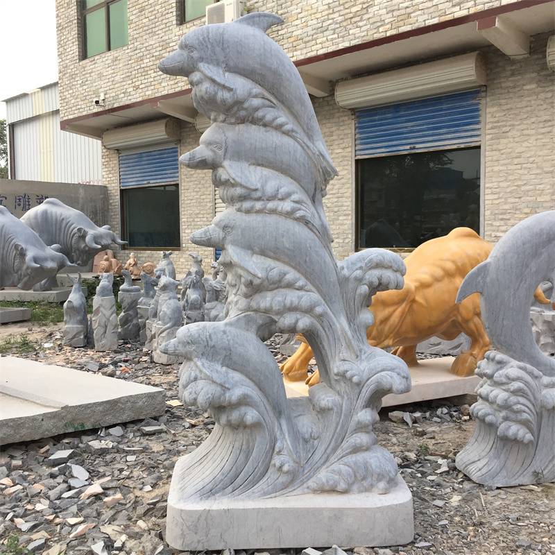 公园石头海豚雕塑小区喷水海豚石雕小品摆件