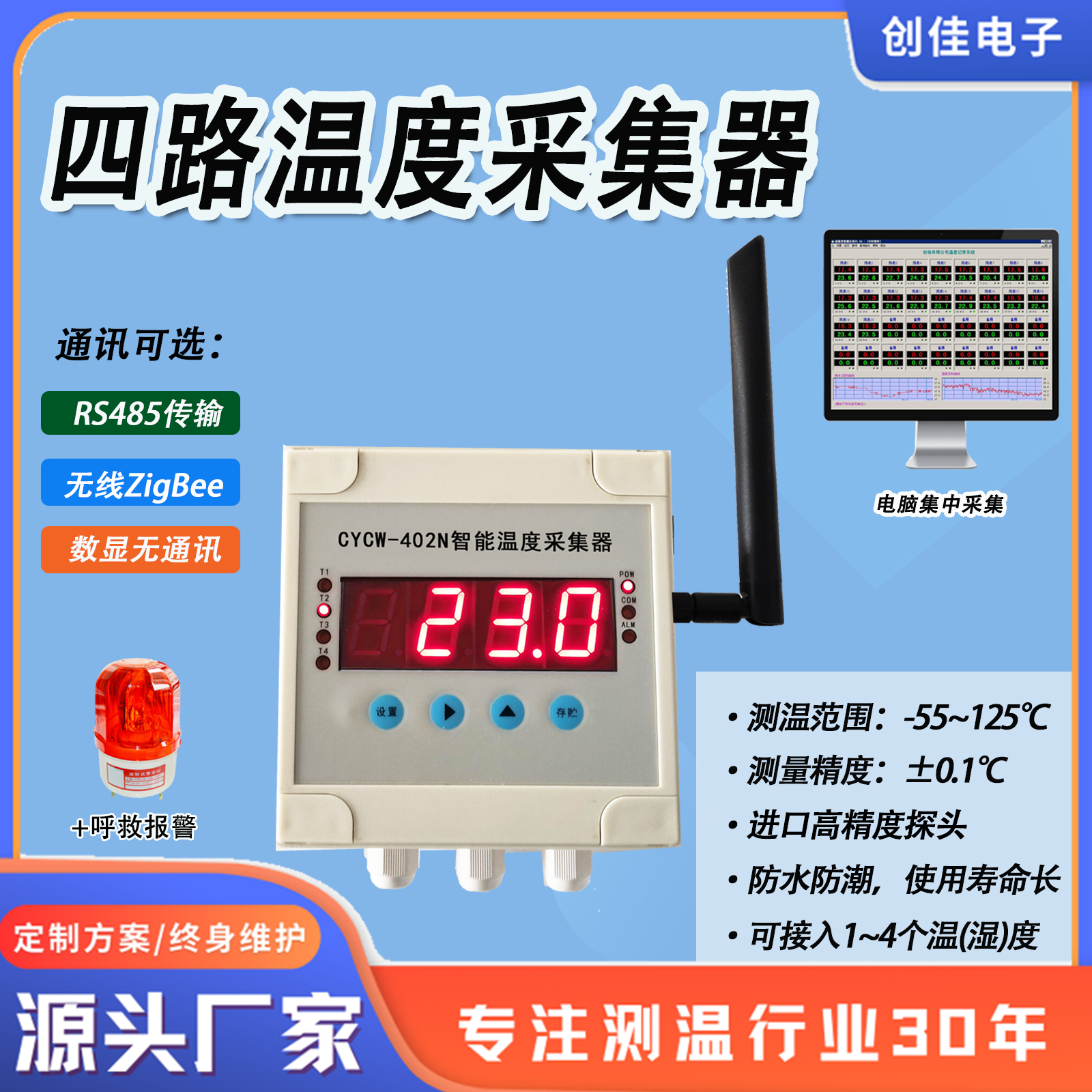 冷库温湿度采集器食品车间果蔬贮存多路高精测温仪表电脑监测系统