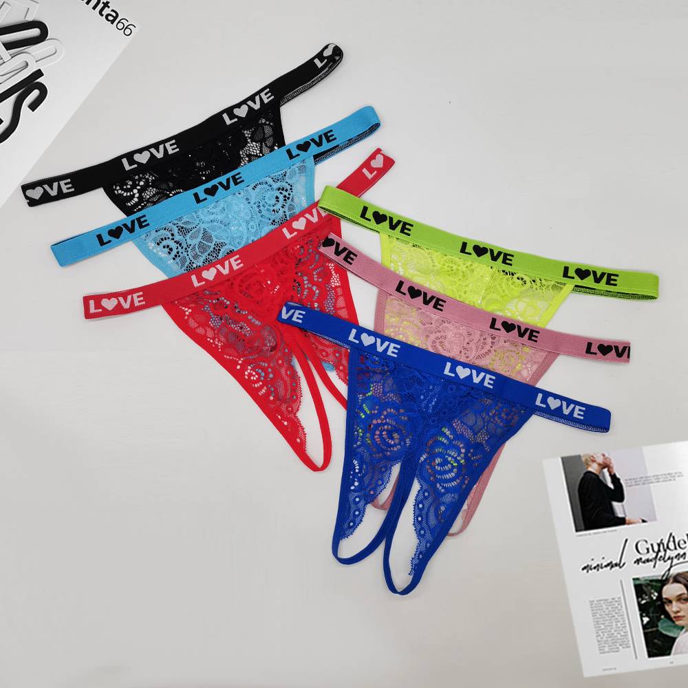 跨境外贸透视性感情趣免脱开档内裤女 低腰蕾丝高弹力腰头丁字裤